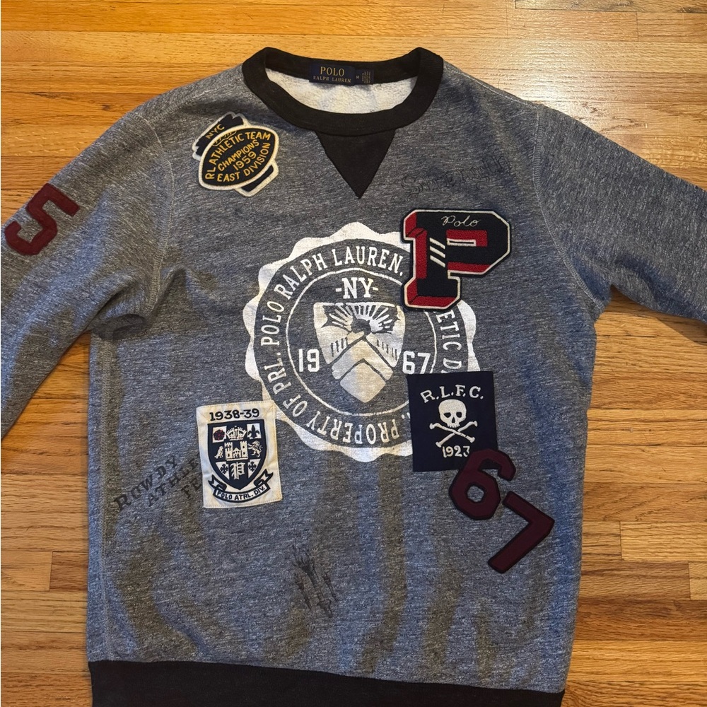 Ralph Lauren Gray Crewneck Sweater with Red and Black Patches